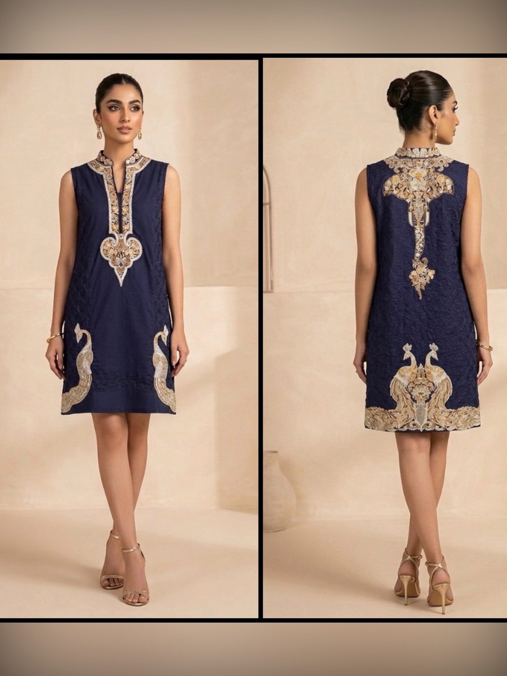 Sapphire Ornate Pakistani Peacock Embroidered Shift Gold Accents Dress Tunic S